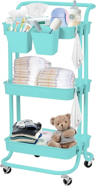 Baby Diaper Caddy Organizer Metal Rolling Storage Cart on Handle 3-Tier Rolling