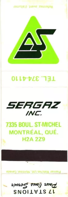 Montreal Quebec Canada Sergaz Inc., Vintage Matchbook Cover