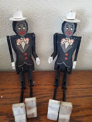 Vintage Pair of African American Male Folk Art Wood Hinged Jointed Dancing Dolls