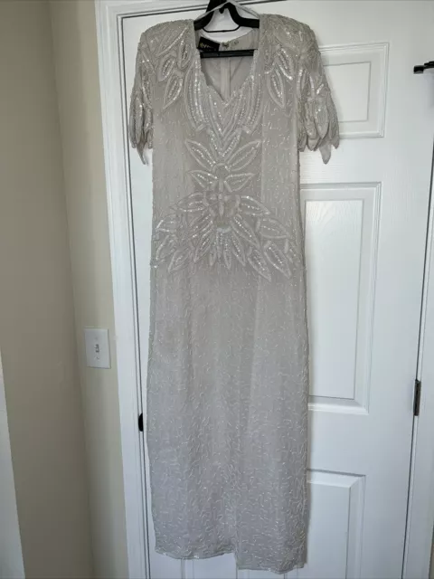 Beaded Sequin Silk Dress White VINTAGE 80s Bridal Wedding Gown Formal Evening