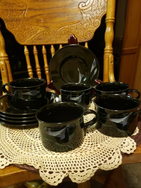 Set of (5) Mikasa OPUS Black Calla Lily Coffee Cups & Saucers Galleria FK701