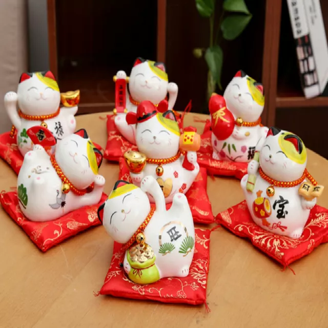 Chinois Lucky Cat Maneki Neko Céramique Tirelire Bell Fortune Décor Maison Cute