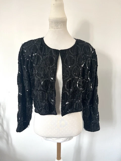 Giacca vera vintage anni '80 100% seta Dusk Frank Usher pesantemente perline matrimonio crociera