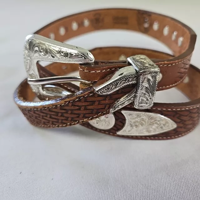 Vintage Nadim Women's Western Brown Leather Basket Weave Belt Silver Floral 32