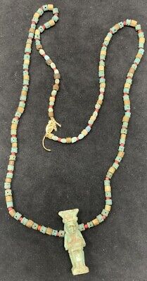 Ancient Egyptian Faience Bead Necklace with Seated Isis & Horus Amulet