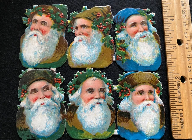 Rare Antique Large Santa Claus Heads Victorian German Die Cuts Christmas 3