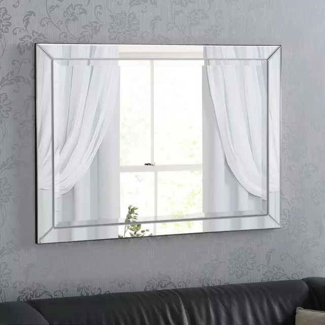 Livia All Glass Venetian Art Deco Frameless Modern Bevelled Wall Mirror 90x60cm