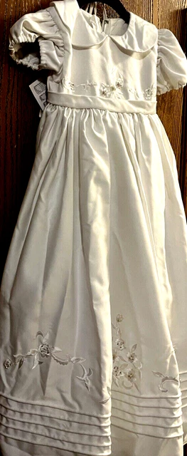 NWT Girl's Long Beaded Satin Christening Gown & Bonnet by Sweetie Pie  24 mo.