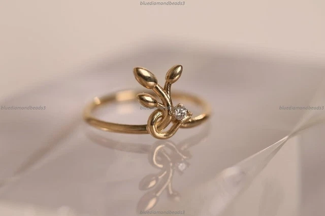 Unique Leaf Art Deco Fine Anniversary Ring 14k Yellow Gold Natural Diamond