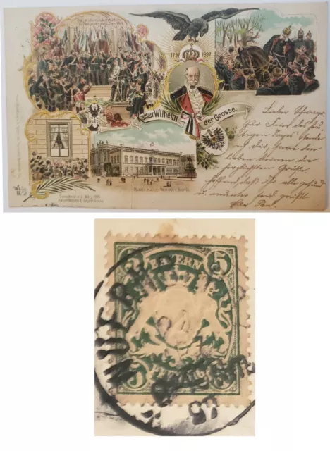 AK Kaiser Wilhelm der Große, Briefmarke Bayern 5 Pfennig, gelaufen 1897