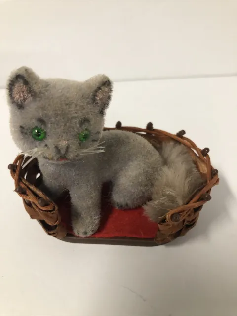 Grey Flocked Cat In Wicker Basket Bed Kunstlerschutz Handwork West Germany