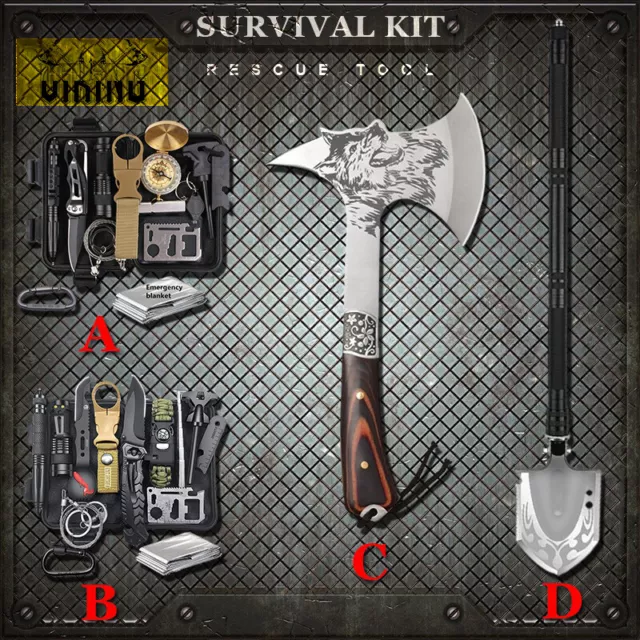 Military Tactical Survival Emergency Kit Hunting Hatchet & Folding Shovel -Axe