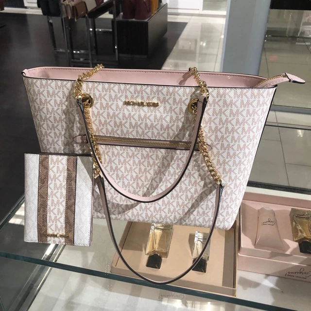Michael Kors Jet Set Front Pocket Zip Chain Tote Optic White Rose Gold+Passport