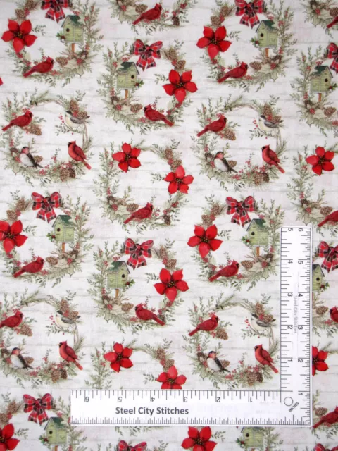Christmas Fabric Cardinal Wreaths Birdhouse Wood Susan Winget P77508 By The Yard