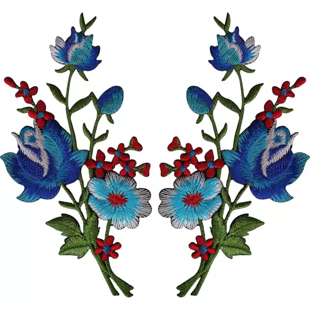 Pair of Flower Embroidered Patches Iron Sew On Floral Patch Badge Craft Applique