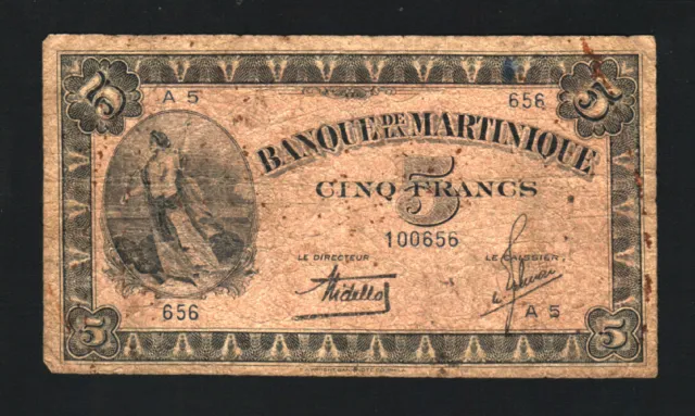 MARTINIQUE 5 FRANCS P16 b 1942 WOMAN WORLD MONEY BILL FRENCH COLONY BANK NOTE