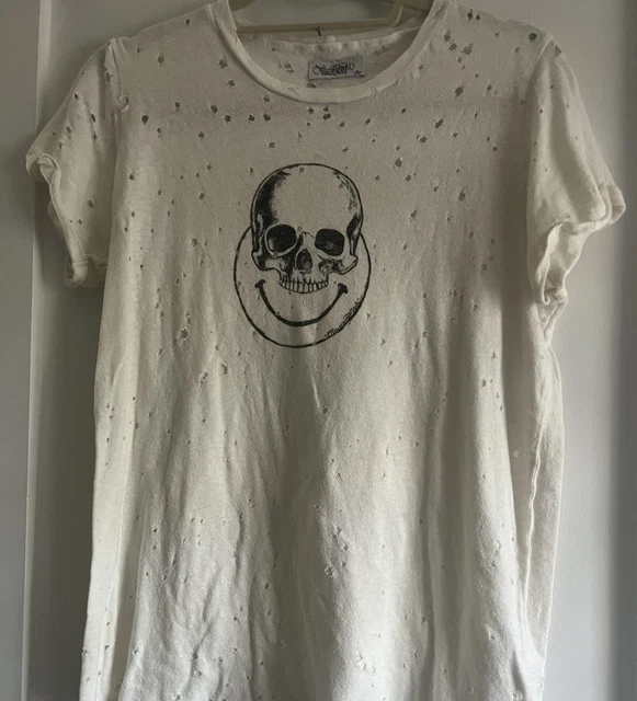 Lauren Moshi Soft Skull T Shirt Natural Distressing With Holes Vintage Look Sm Lauren Moshi Soft Skull T Shirt Natural Distressing With Holes Vintage Look Sm