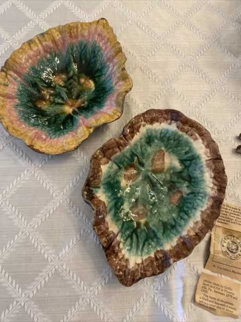 2 American Etruscan Majolica Begonia Leaf Dish Antq.  Griffin Smith & Hill 1880s