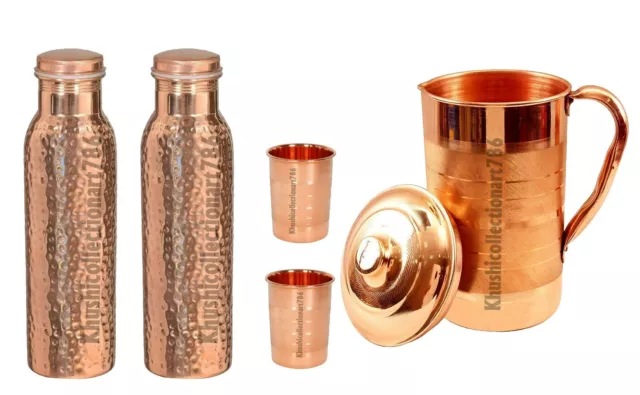 Beautiful Copper Water Pitcher Jug With 2 Hammered Water Bottle Drinking Tumbler