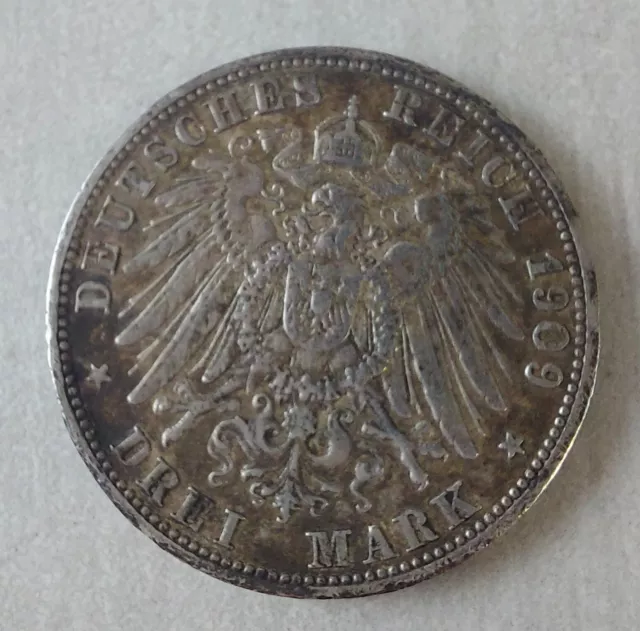 Ancienne pièce de monnaie, 3 Mark, Wilhelm II Wuerttemberg, F, 1909, en argent