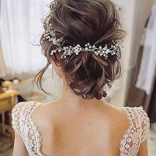 Bride Wedding Pearl Hair Vine Silver Rhinestone Hair 19.69 Inch (Pack of 1)