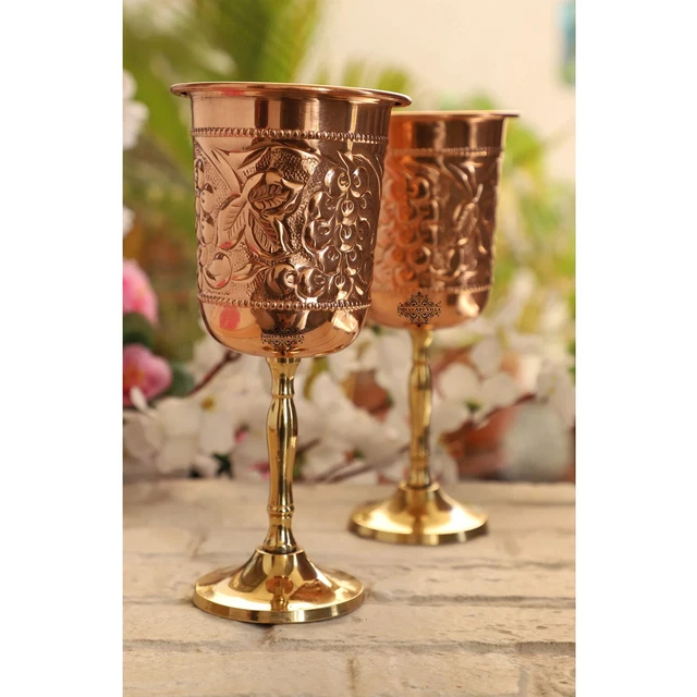 Pure Cuivre Vin Verre Avec Raisin Vignes en Relief Design & Laiton Bas Lot De 2