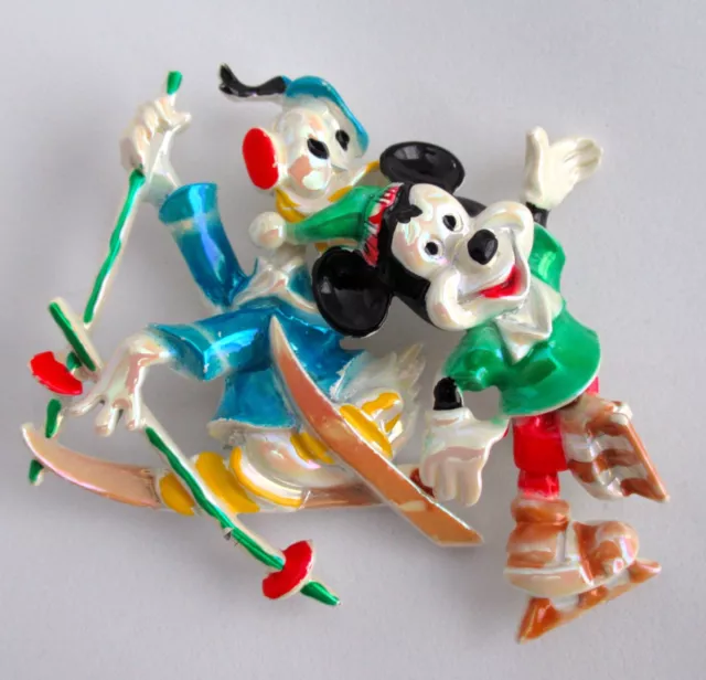 Vintage Mickey Mouse Skating Pin Donald Duck Skiing Brooch Walt Disney WDP