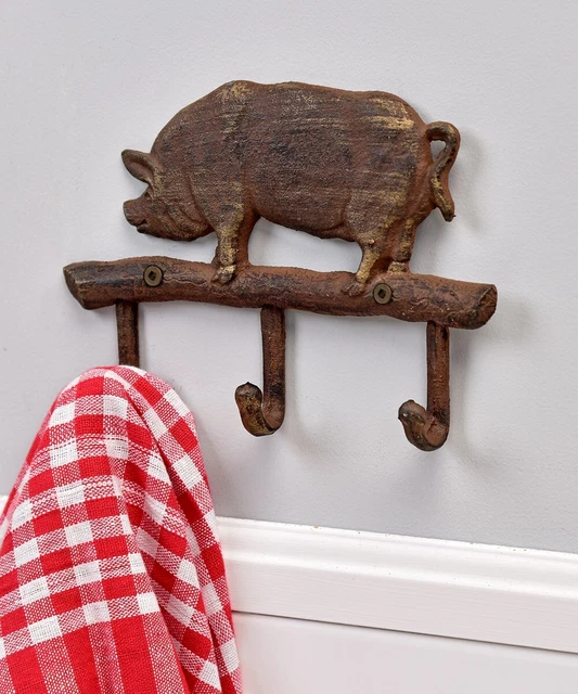 7" Cast Iron Antique Rustic Style Pig Farm Barn Wall Towel Coat Key Hook