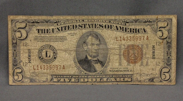 1934 Brown Seal $5 Five Dollar Hawaii Note U.S. Circulated Ungraded WWII
