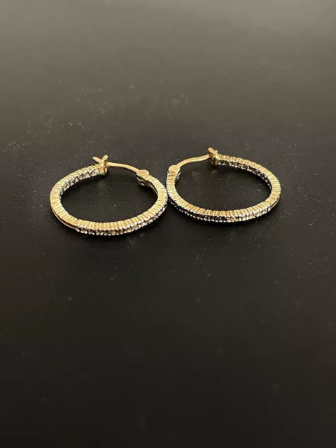 14K Gold 925 Sterling Silver w/(4) Diamonds Round French Lock Hoop Earrings 18MM