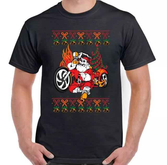 T-shirt Skull Biker Babbo Natale D2 da uomo divertente moto di Natale segreto