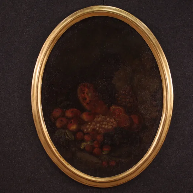 Bodegon antiguo frutas pintura ovalada oleo sobre lienzo cuadro siglo XVIII 700