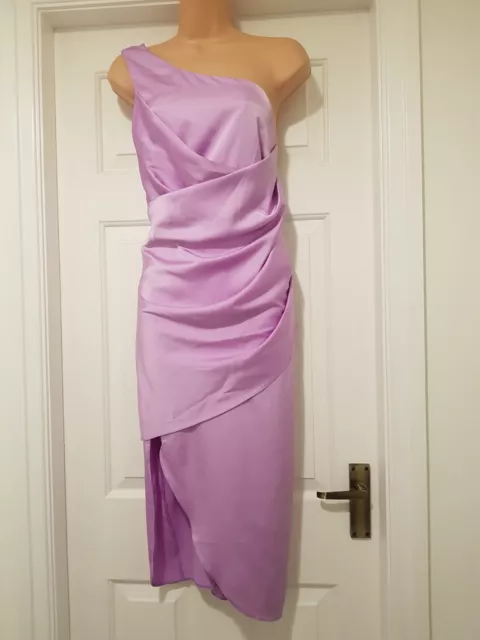 RIVER ISLAND LILAC SATIN WRAP MIDI PLEATS ONE SHOULDER OCCASION DRESS - Sz 14