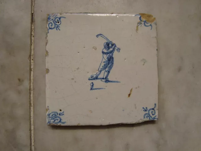 17th century delft handpainted dutch  tile,around 1650 , golf, sport  kolf