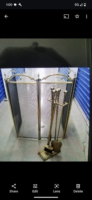 VTG Brass Fireplace Screen Mesh 4 Panel Hollywood Regency BONUS 5pc Tools/Stand*