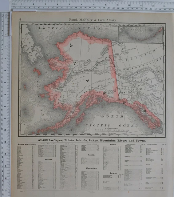 1890 Original Map Alaska Capes Points Islands Lakes Rivers & Towns Egowik Ivans