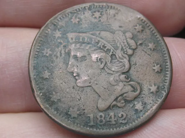 1842 Braided Hair Large Cent Penny, Large Date, Fine/VF Details