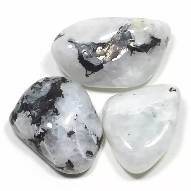 White Rainbow Moonstone Tumbled Polished Crystal Stone, 3 Pc Set, Avg Size 0.95"