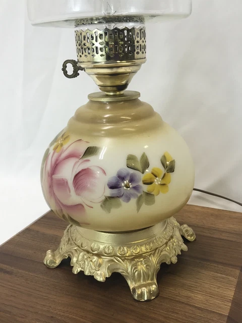 Antique Vtg Hand Painted Milk Glass Floral Lamp Oil Style Pink Rose GWTW Banquet