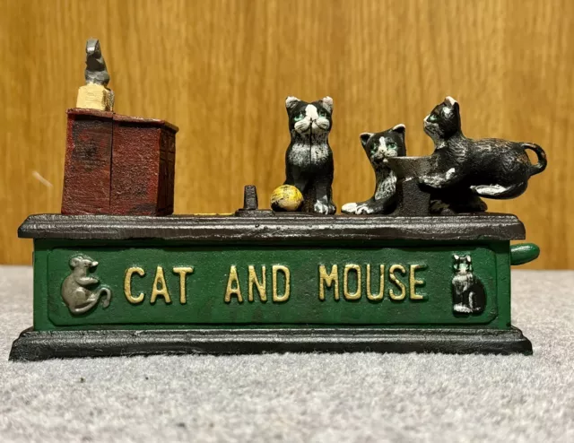 Cat and mouse cast iron mechanical coin piggy bank