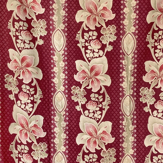 Burgundy red Art Nouveau cotton fabric material iris floral print farmhouse cot