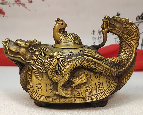 Antique Bronze Statue Carved Dragon Tortoise turtle Kangxi Teapot Pot flagon ;&