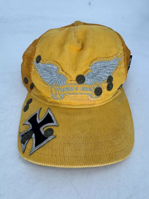 Robin's Jean Trucker Hat Yellow Orange Corduroy Skull Crossbones Adjustable Hat