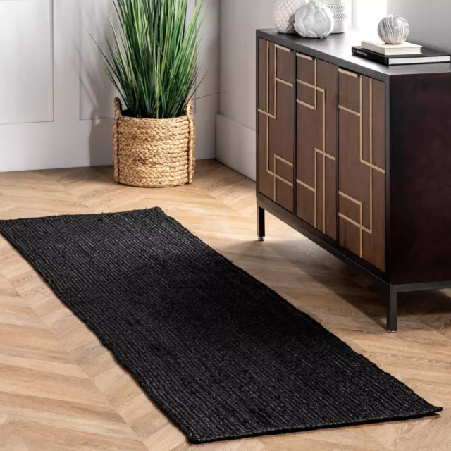 Jute Rug Runner Black Hand Braided  Rectangle Area Handmade Jute Carpet