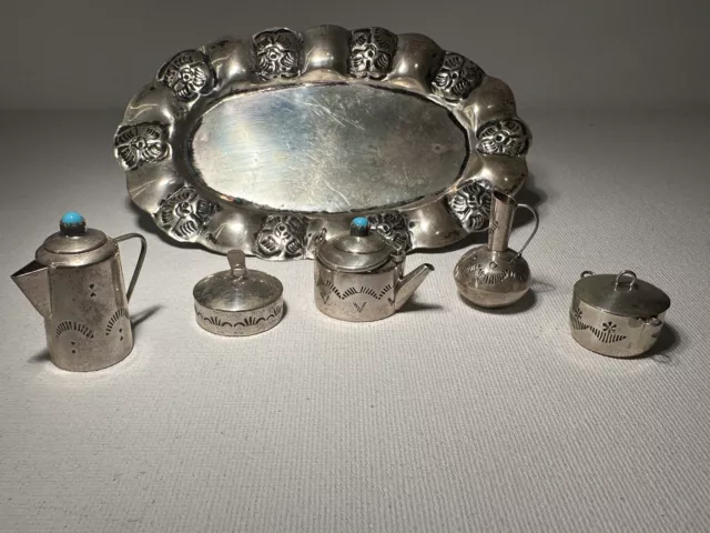 Vintage Navajo Sterling E.M.W ELIZABETH WHITMAN Turquoise Miniature Service Set