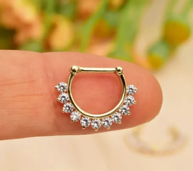 Round Natural Diamond Septum Hoop Clicker Tragus Daith Conch 14k Yellow Gold