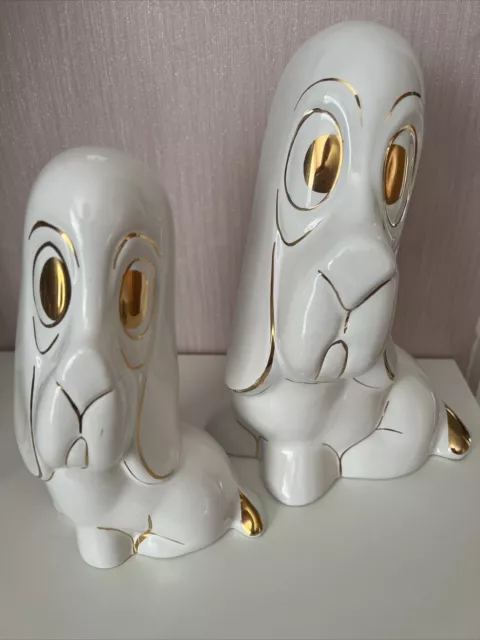 A Pair Of Vintage 70’s Ceramic Sad Face Basset Hound Figurines Gold Gilt