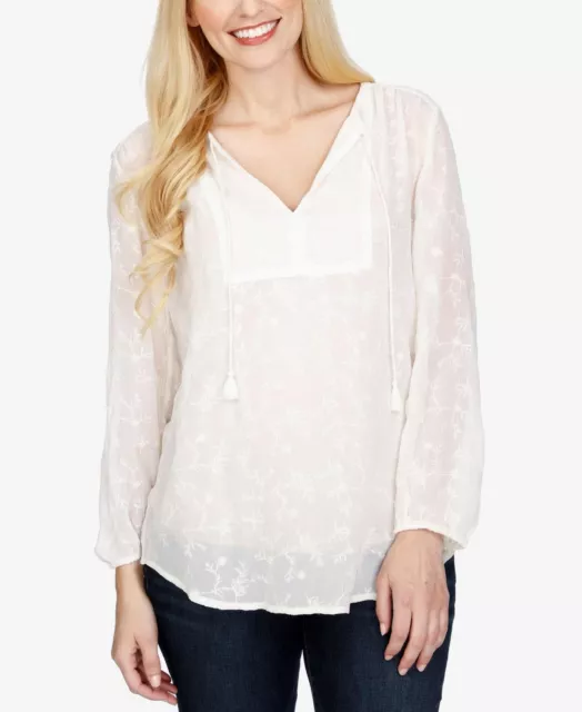 Lucky Brand Women's All-Over Embroidered Split Neck Top Ivory X-Small XS(US 0-2)