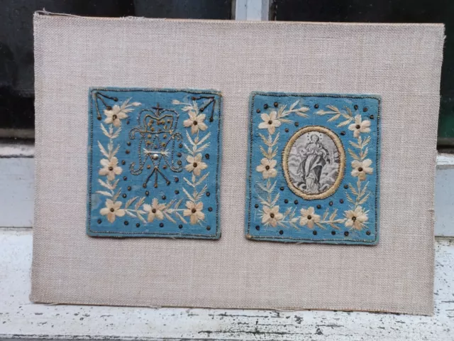 Antique Two Embroidered Images Roman Catholic Sacred Heart  Linen Wall Hanging