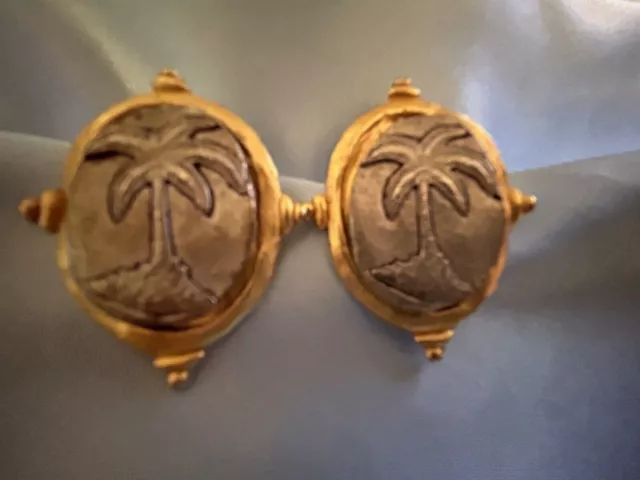 Designer SUSAN SHAW Matte Gold & Silver Palm Tree Coin Earrings - Signed